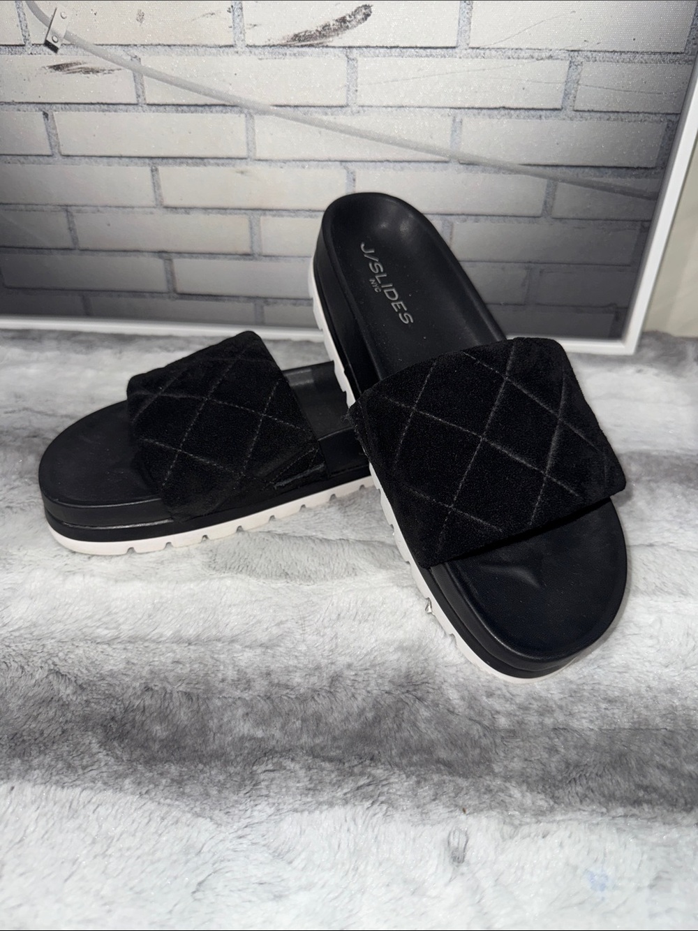 J/SLIDES Quilted Slide Sandals BLACK with thick sole